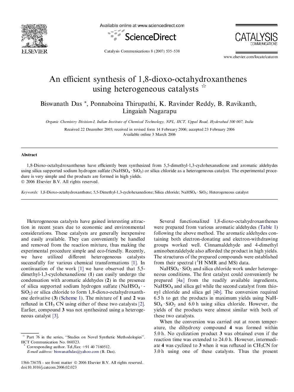 An efficient synthesis of 1,8-dioxo-octahydroxanthenes using heterogeneous catalysts 