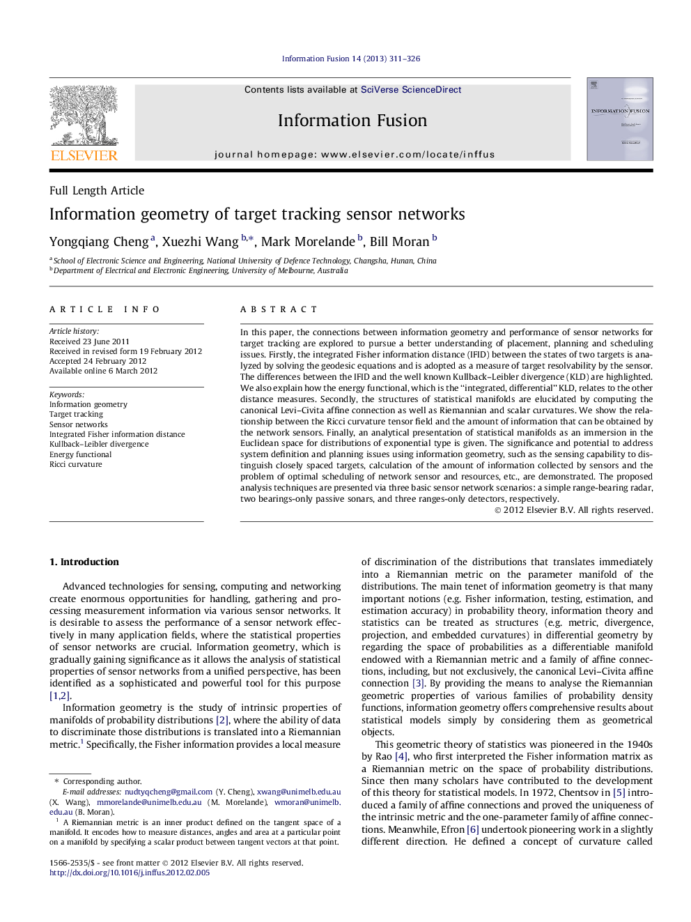 Information geometry of target tracking sensor networks