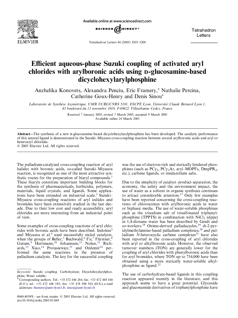 Efficient aqueous-phase Suzuki coupling of activated aryl chlorides with arylboronic acids using d-glucosamine-based dicyclohexylarylphosphine