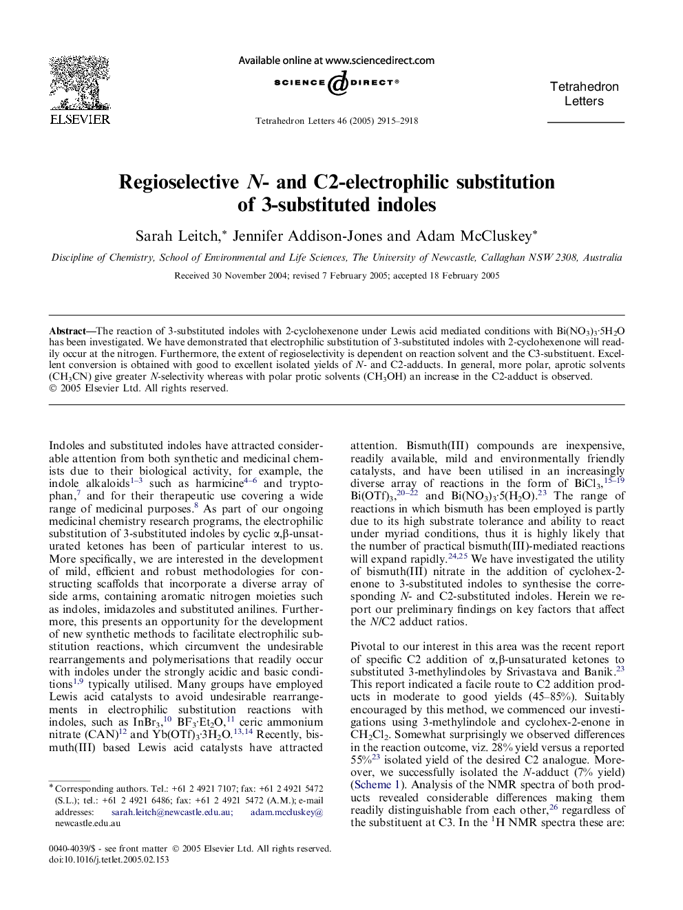 Regioselective N- and C2-electrophilic substitution of 3-substituted indoles