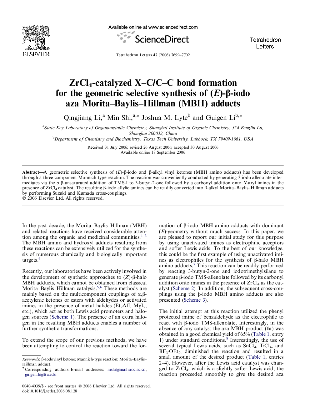 ZrCl4-catalyzed X-C/C-C bond formation for the geometric selective synthesis of (E)-Î²-iodo aza Morita-Baylis-Hillman (MBH) adducts