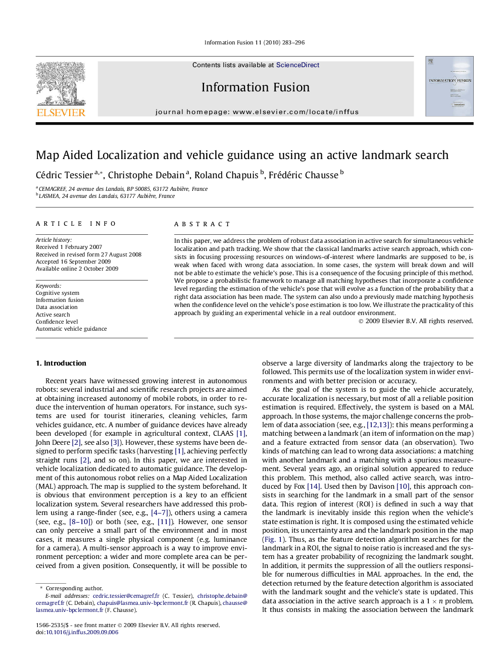 Map Aided Localization and vehicle guidance using an active landmark search