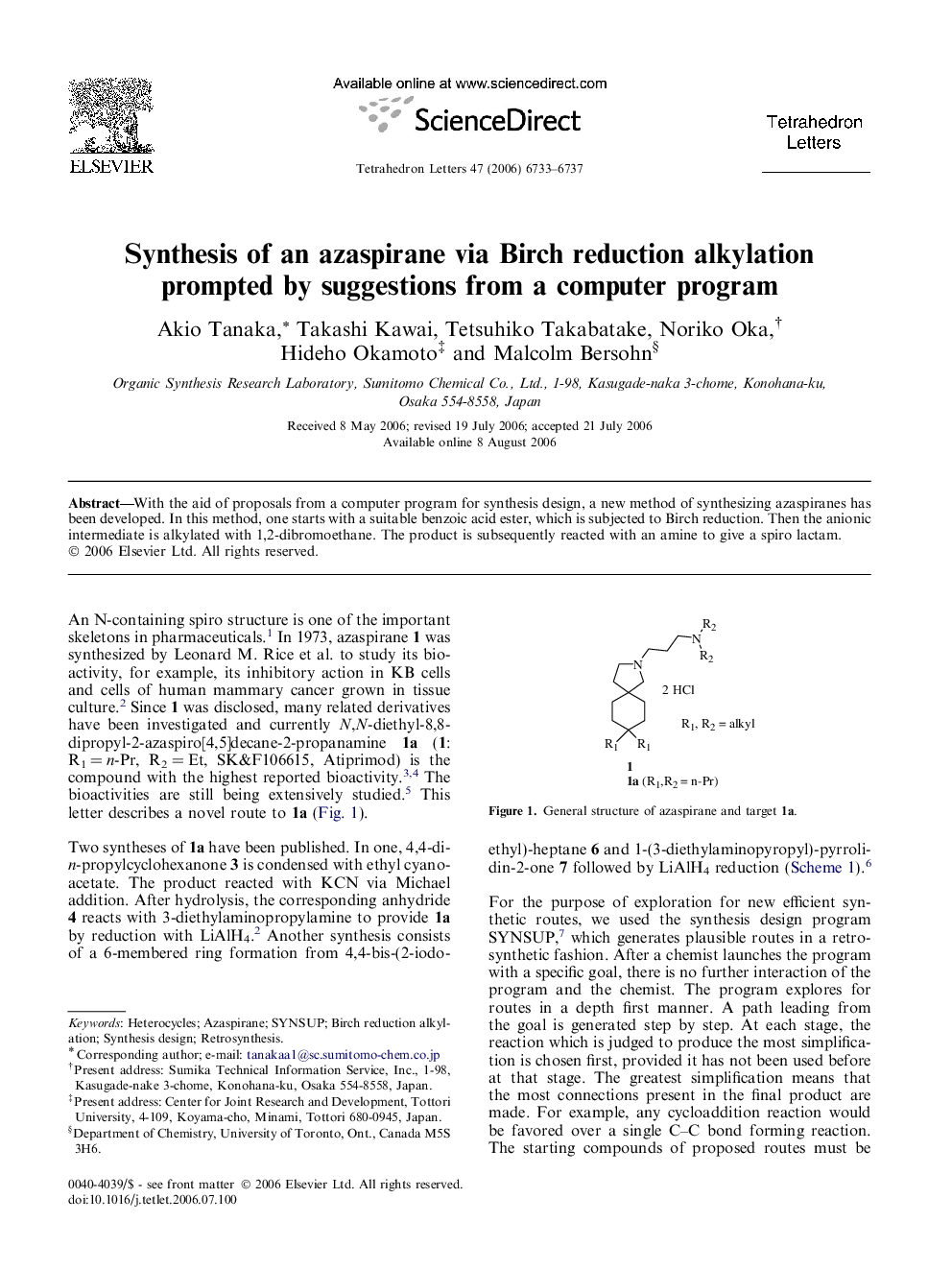 Synthesis of an azaspirane via Birch reduction alkylation prompted by suggestions from a computer program