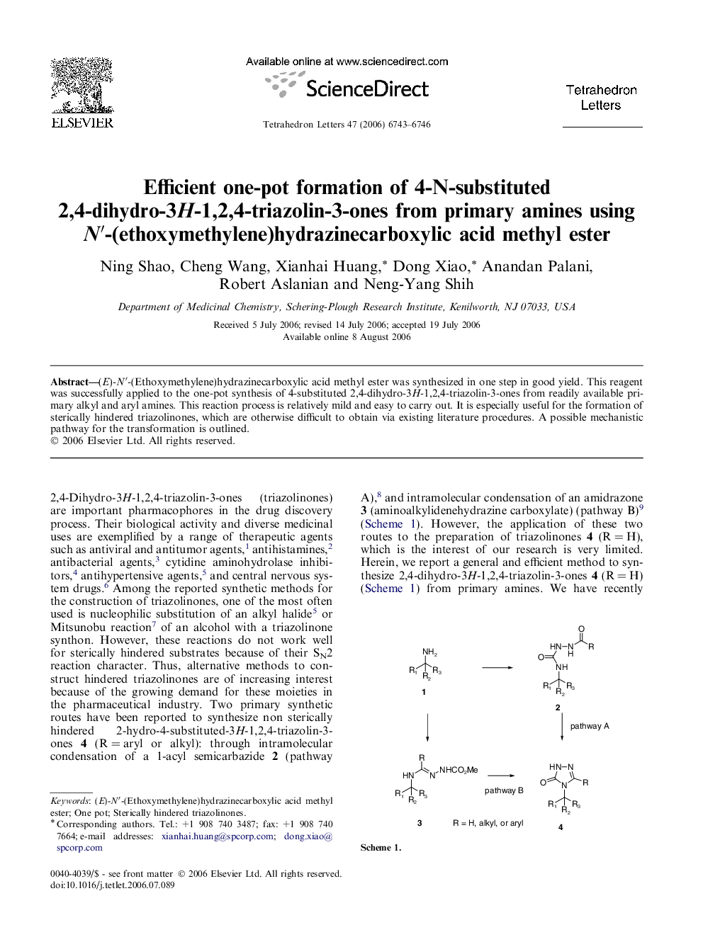Efficient one-pot formation of 4-N-substituted 2,4-dihydro-3H-1,2,4-triazolin-3-ones from primary amines using Nâ²-(ethoxymethylene)hydrazinecarboxylic acid methyl ester
