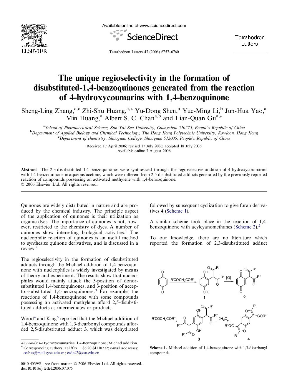 The unique regioselectivity in the formation of disubstituted-1,4-benzoquinones generated from the reaction of 4-hydroxycoumarins with 1,4-benzoquinone