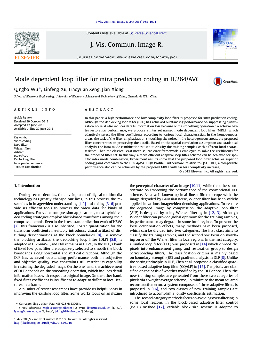 Mode dependent loop filter for intra prediction coding in H.264/AVC