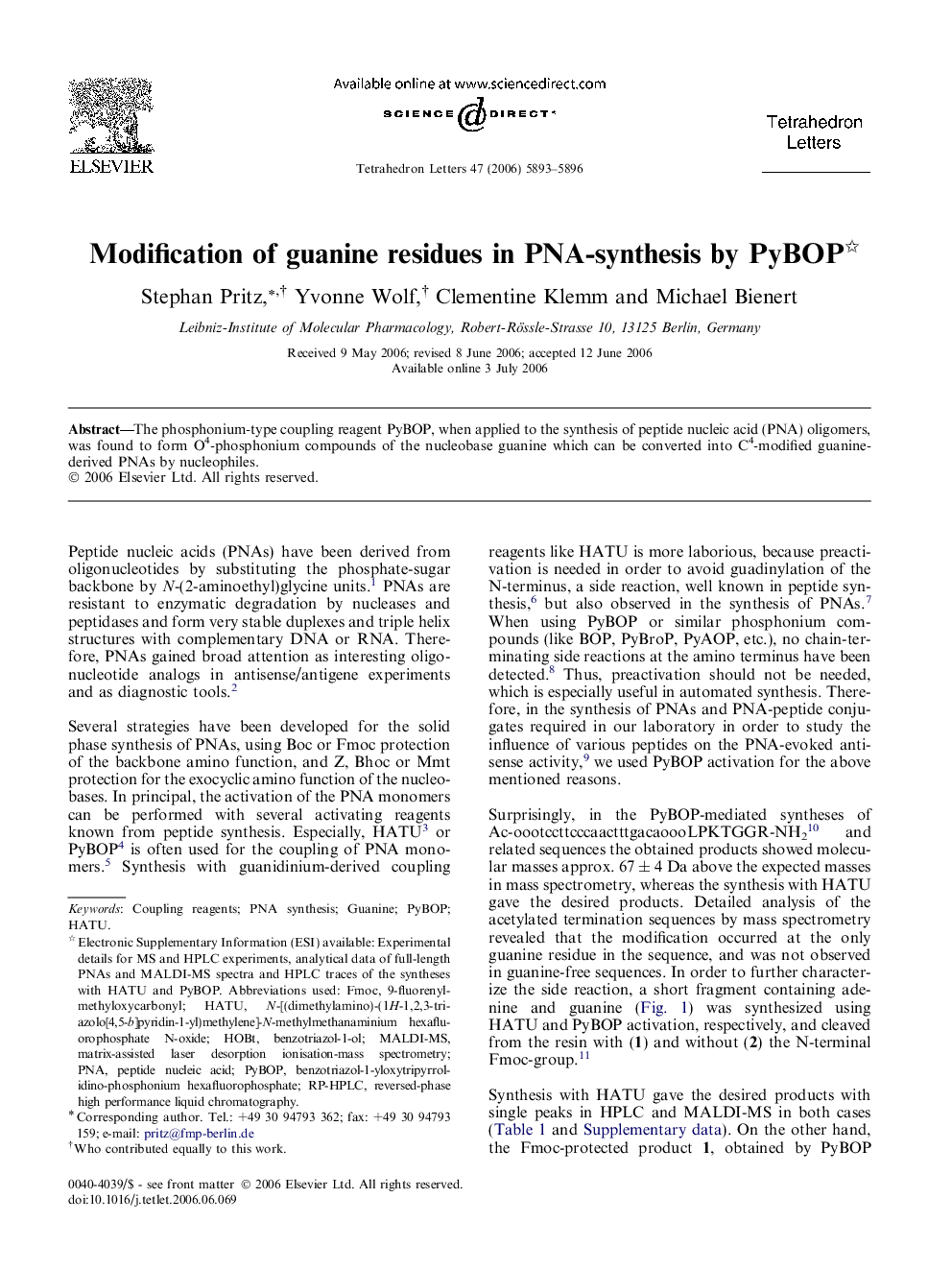 Modification of guanine residues in PNA-synthesis by PyBOP