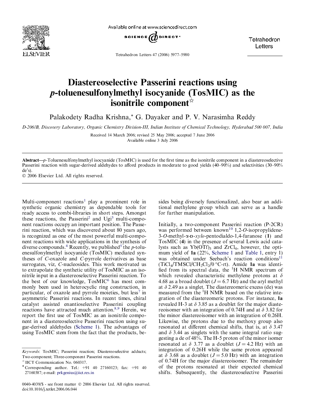 Diastereoselective Passerini reactions using p-toluenesulfonylmethyl isocyanide (TosMIC) as the isonitrile component