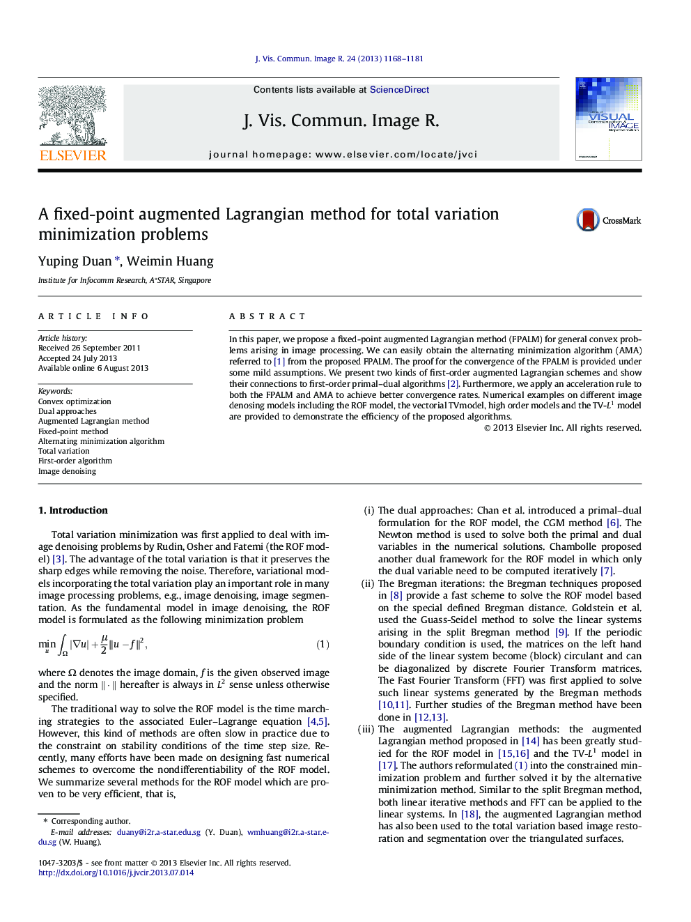 A fixed-point augmented Lagrangian method for total variation minimization problems