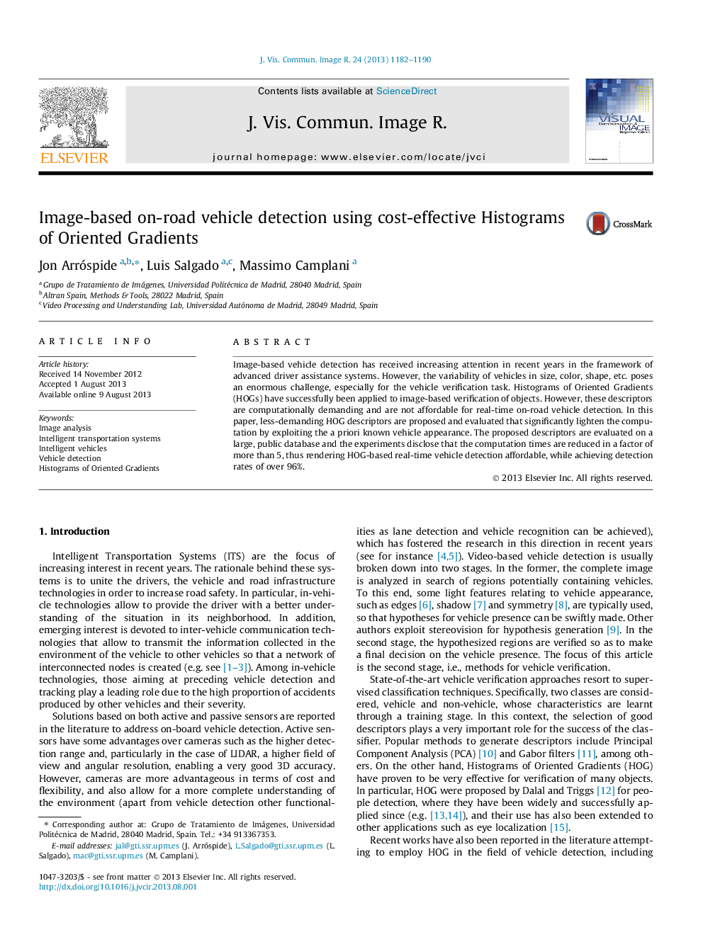 Image-based on-road vehicle detection using cost-effective Histograms of Oriented Gradients