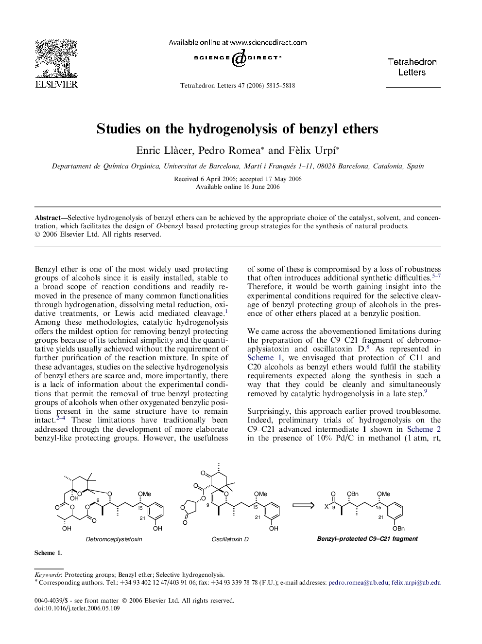 Studies on the hydrogenolysis of benzyl ethers