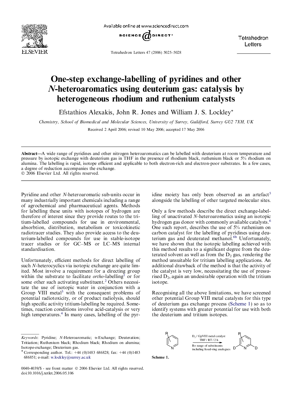 One-step exchange-labelling of pyridines and other N-heteroaromatics using deuterium gas: catalysis by heterogeneous rhodium and ruthenium catalysts