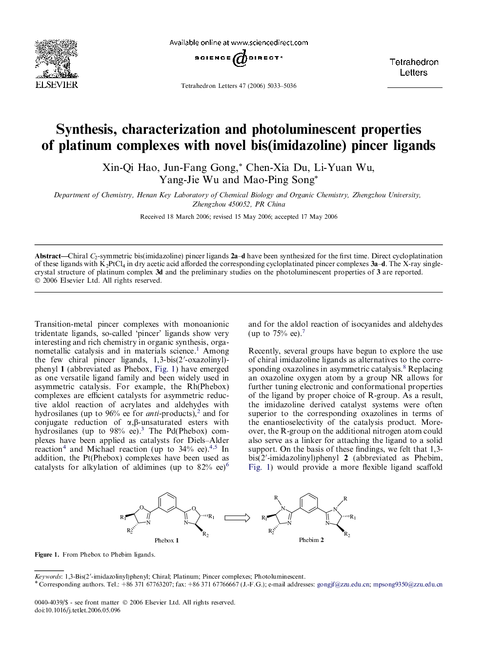 Synthesis, characterization and photoluminescent properties of platinum complexes with novel bis(imidazoline) pincer ligands