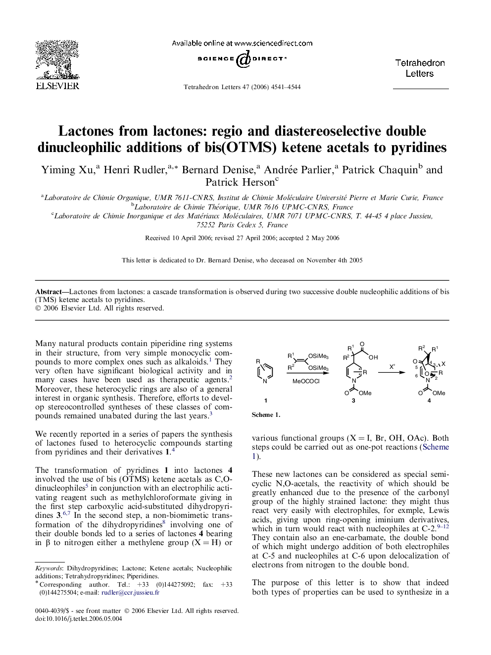 Lactones from lactones: regio and diastereoselective double dinucleophilic additions of bis(OTMS) ketene acetals to pyridines