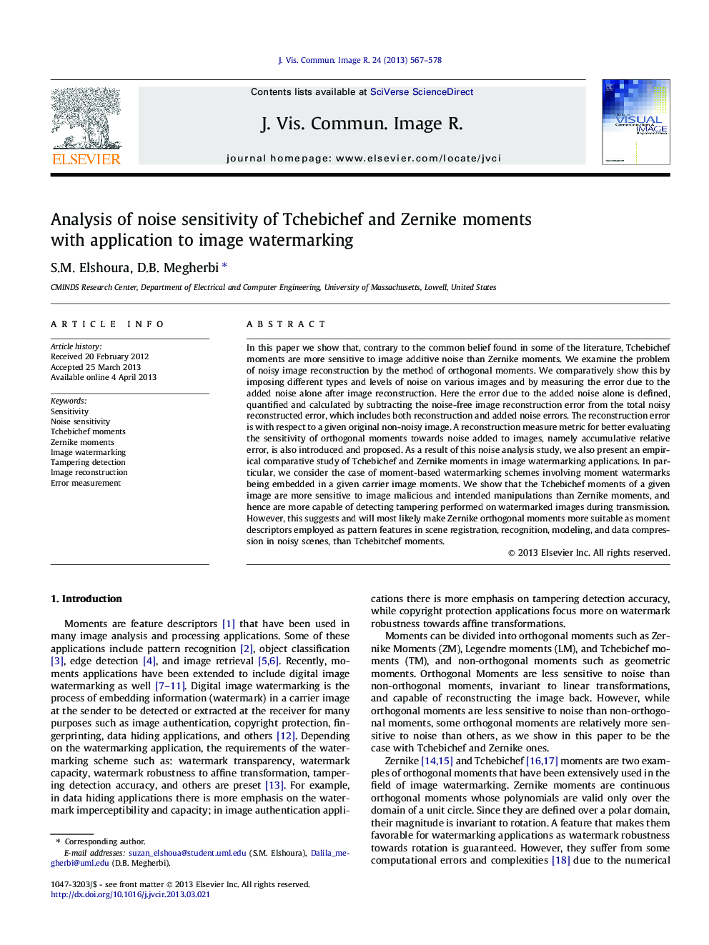 Analysis of noise sensitivity of Tchebichef and Zernike moments with application to image watermarking