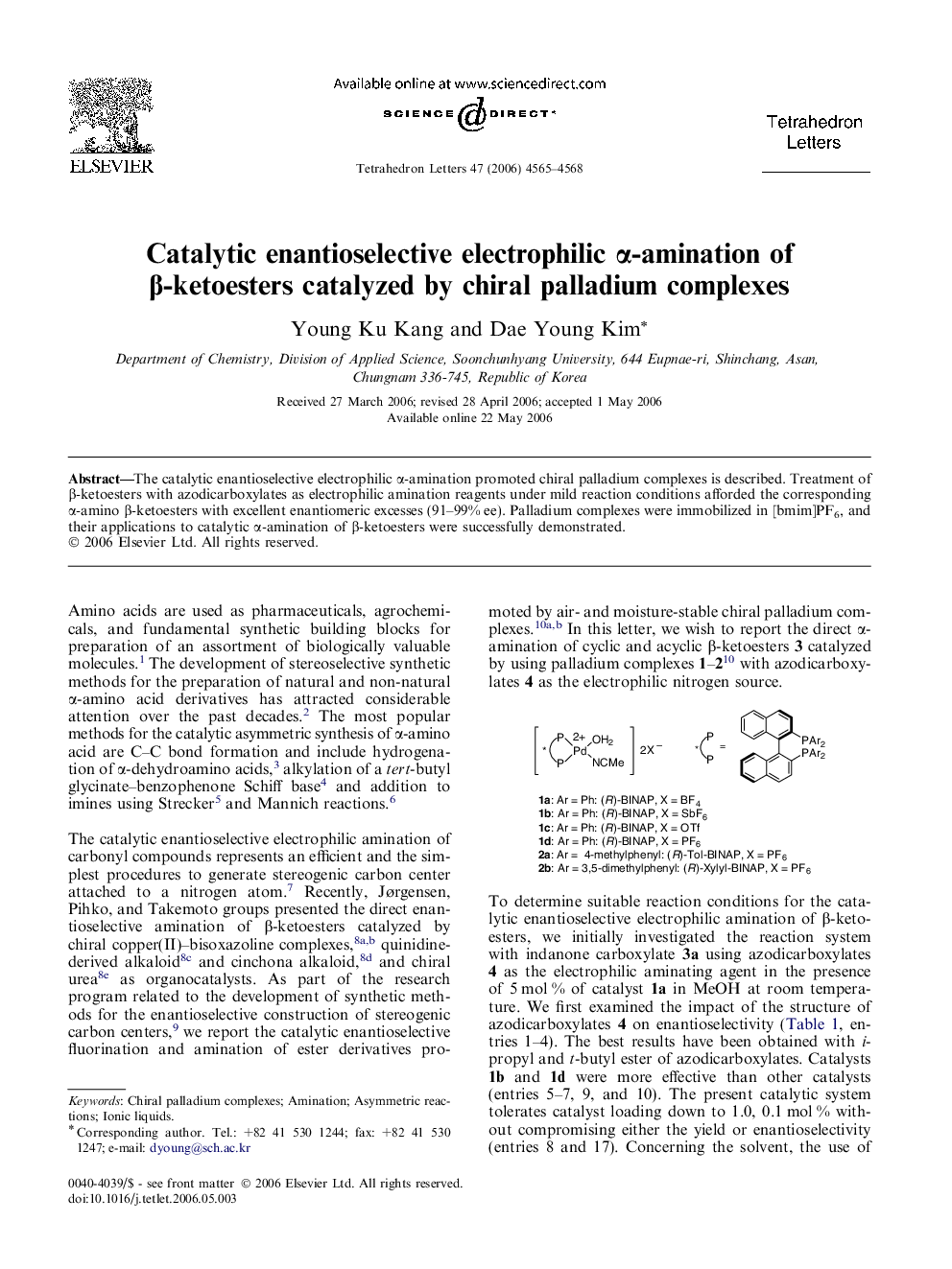 Catalytic enantioselective electrophilic Î±-amination of Î²-ketoesters catalyzed by chiral palladium complexes