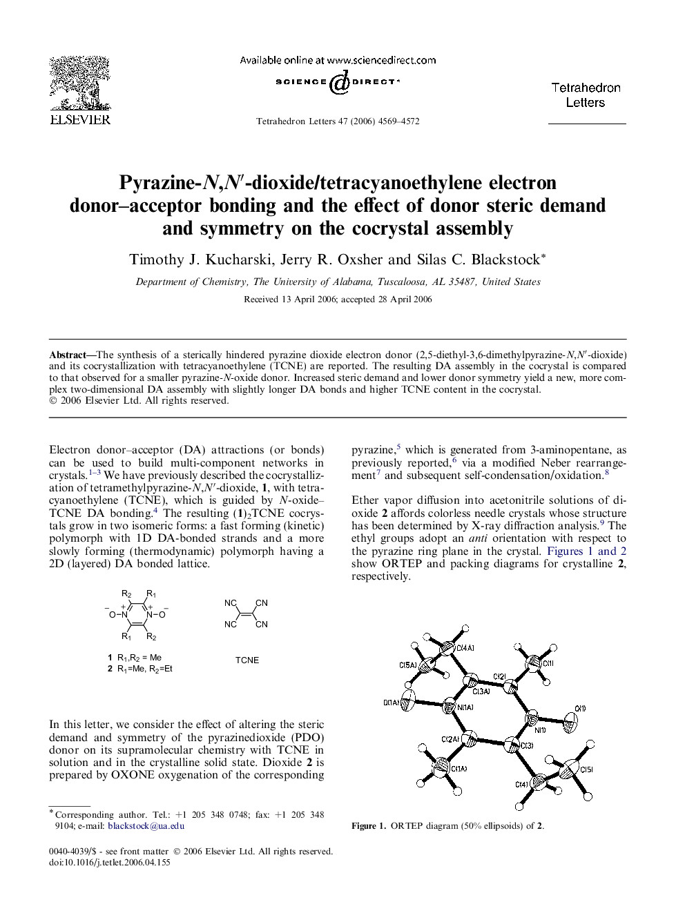 Pyrazine-N,Nâ²-dioxide/tetracyanoethylene electron donor-acceptor bonding and the effect of donor steric demand and symmetry on the cocrystal assembly