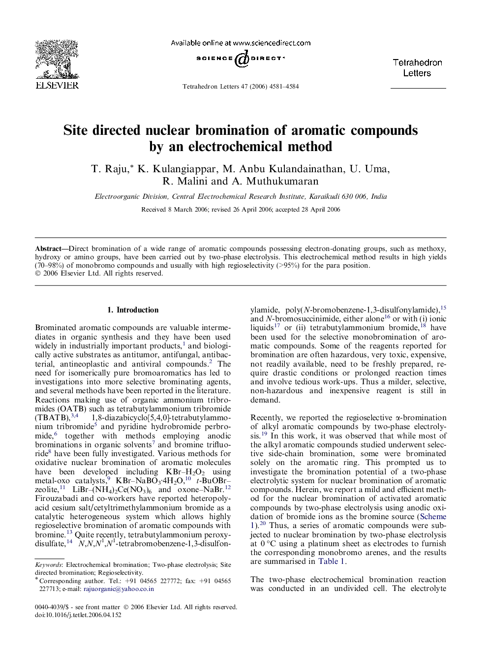 Site directed nuclear bromination of aromatic compounds by an electrochemical method