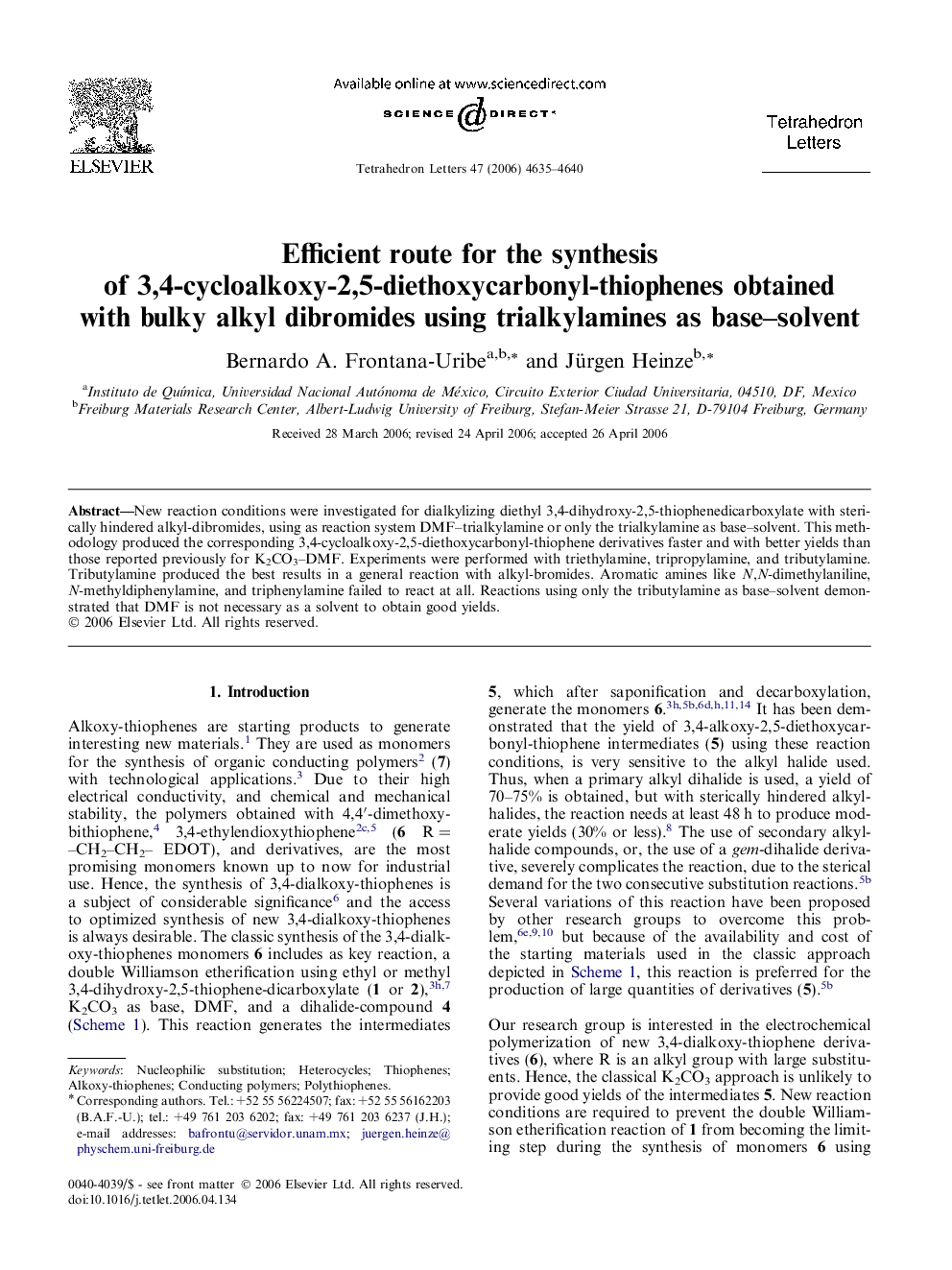 Efficient route for the synthesis of 3,4-cycloalkoxy-2,5-diethoxycarbonyl-thiophenes obtained with bulky alkyl dibromides using trialkylamines as base-solvent