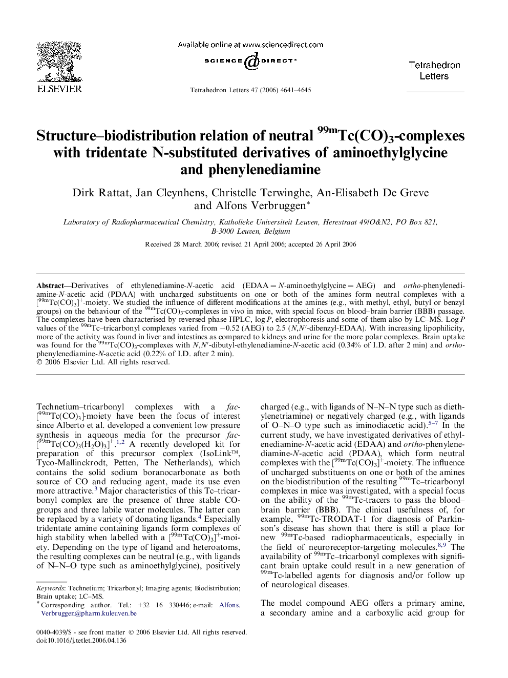 Structure-biodistribution relation of neutral 99mTc(CO)3-complexes with tridentate N-substituted derivatives of aminoethylglycine and phenylenediamine