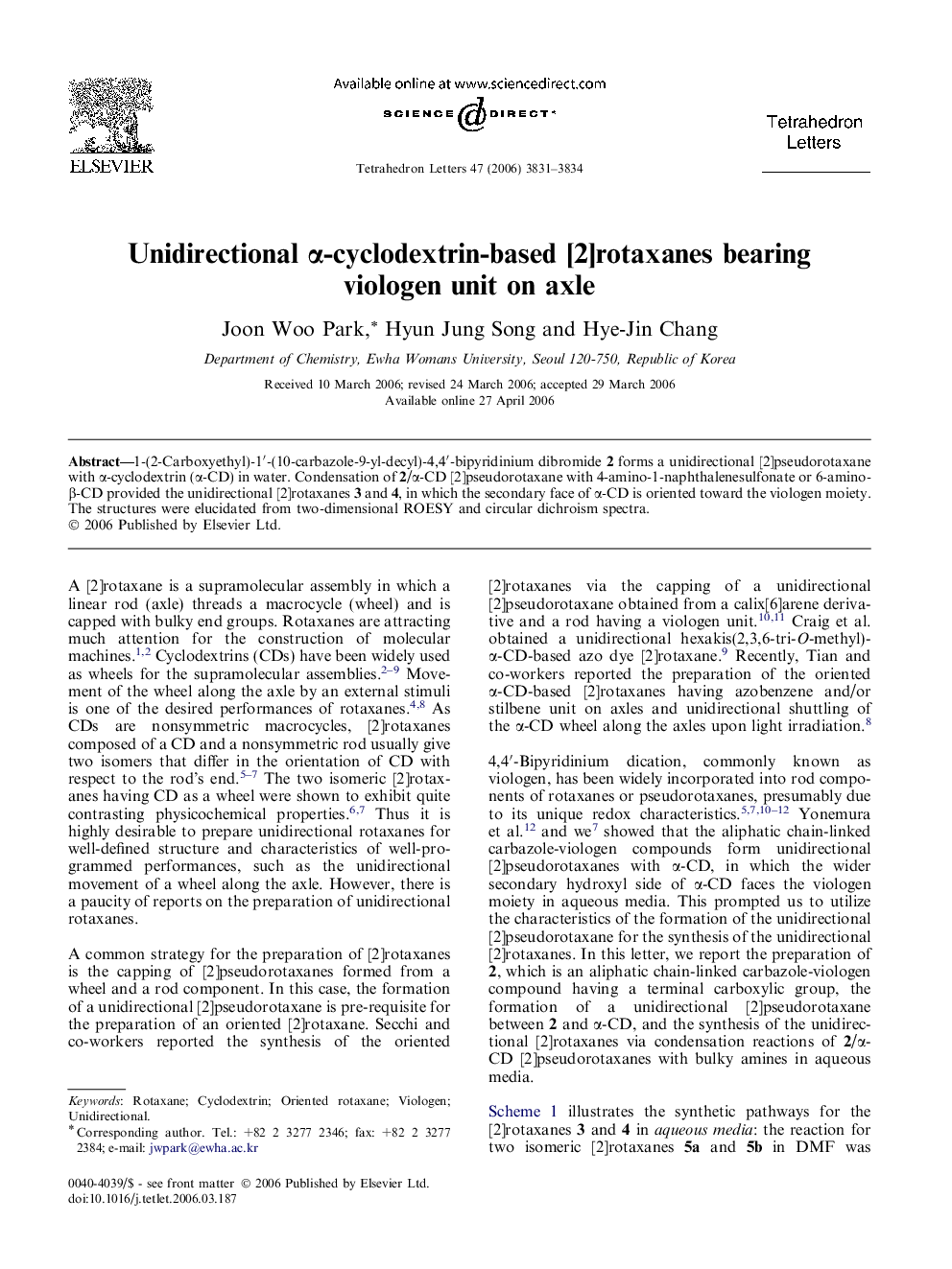 Unidirectional Î±-cyclodextrin-based [2]rotaxanes bearing viologen unit on axle