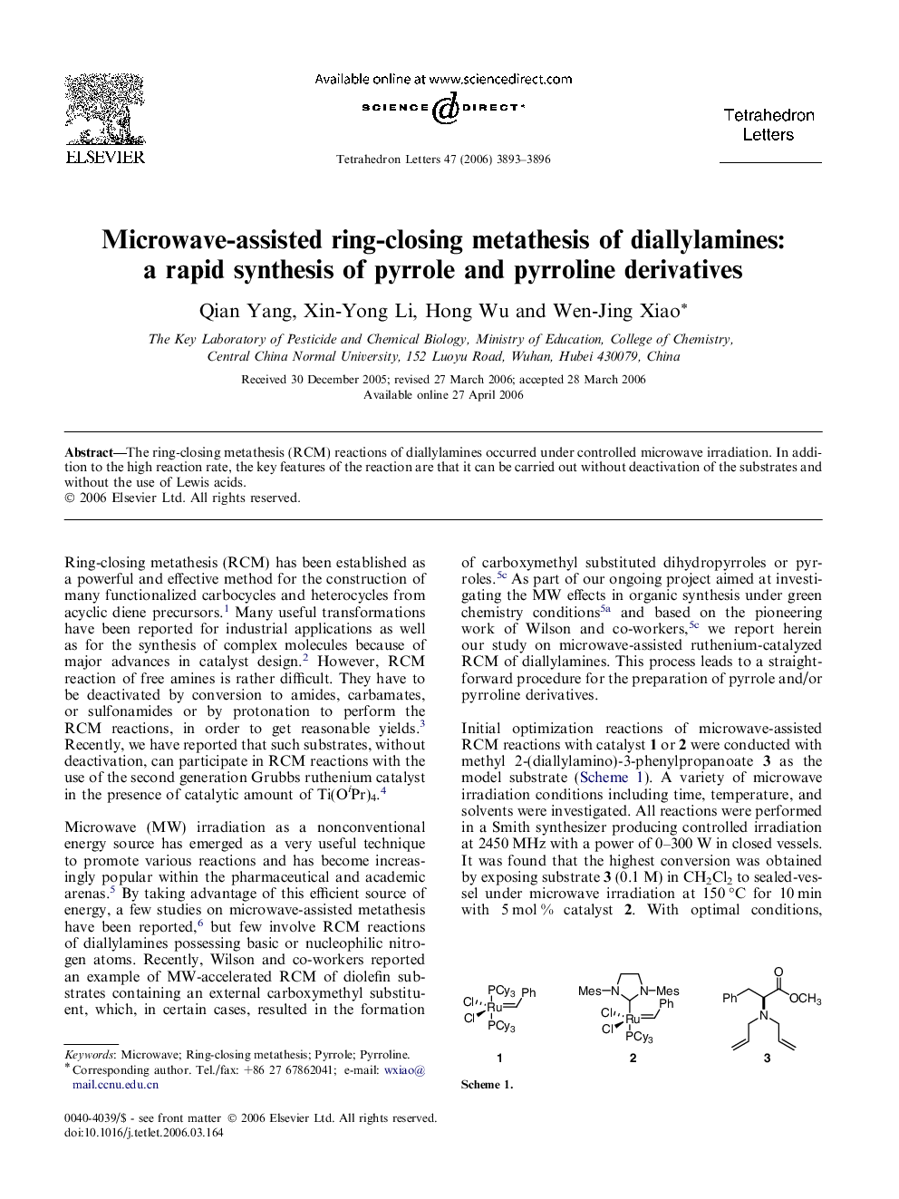 Microwave-assisted ring-closing metathesis of diallylamines: a rapid synthesis of pyrrole and pyrroline derivatives