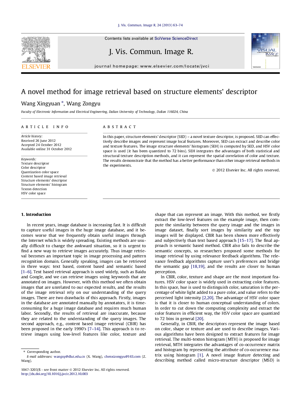 A novel method for image retrieval based on structure elements’ descriptor