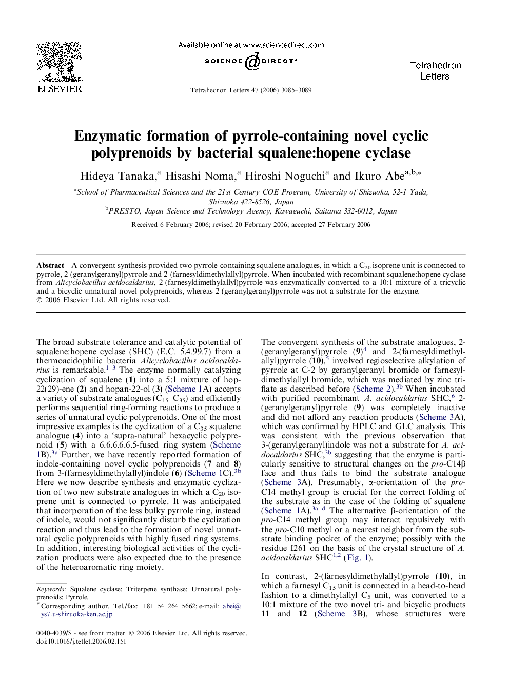 Enzymatic formation of pyrrole-containing novel cyclic polyprenoids by bacterial squalene:hopene cyclase