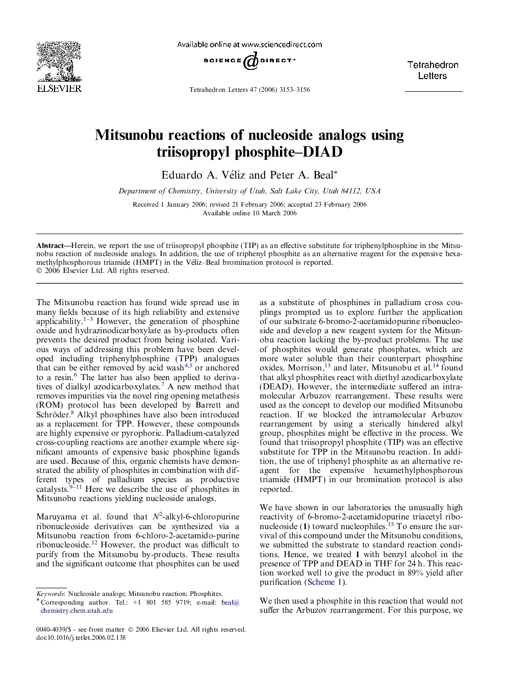 Mitsunobu reactions of nucleoside analogs using triisopropyl phosphite-DIAD