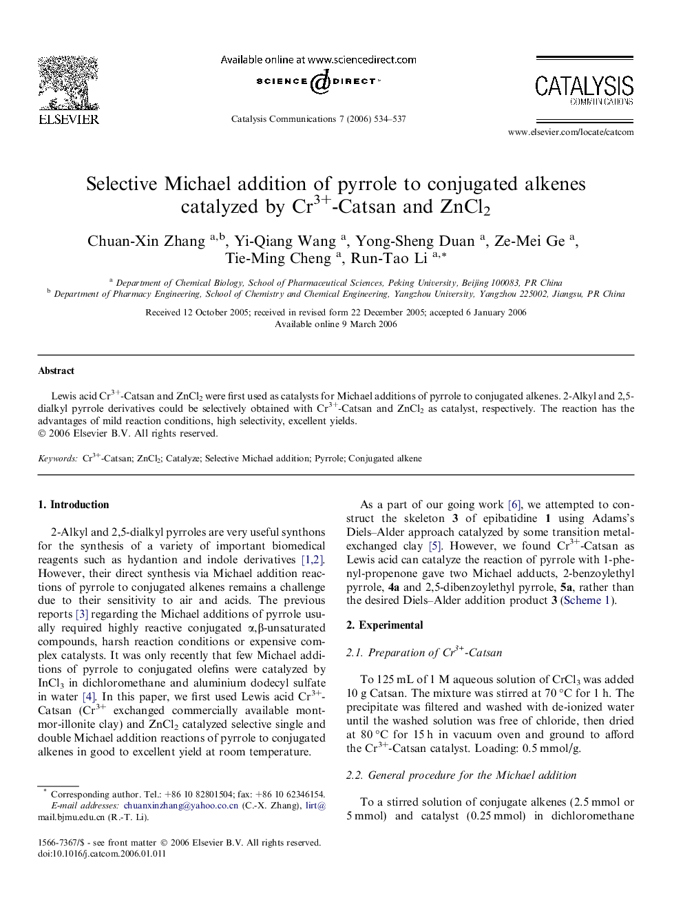 Selective Michael addition of pyrrole to conjugated alkenes catalyzed by Cr3+-Catsan and ZnCl2