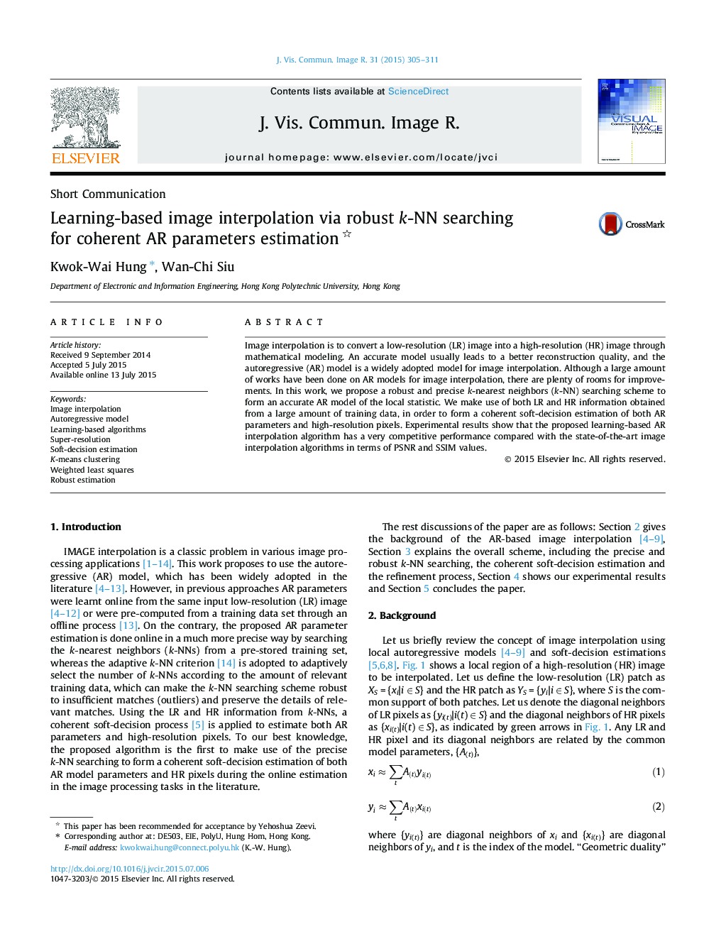 Learning-based image interpolation via robust k-NN searching for coherent AR parameters estimation 