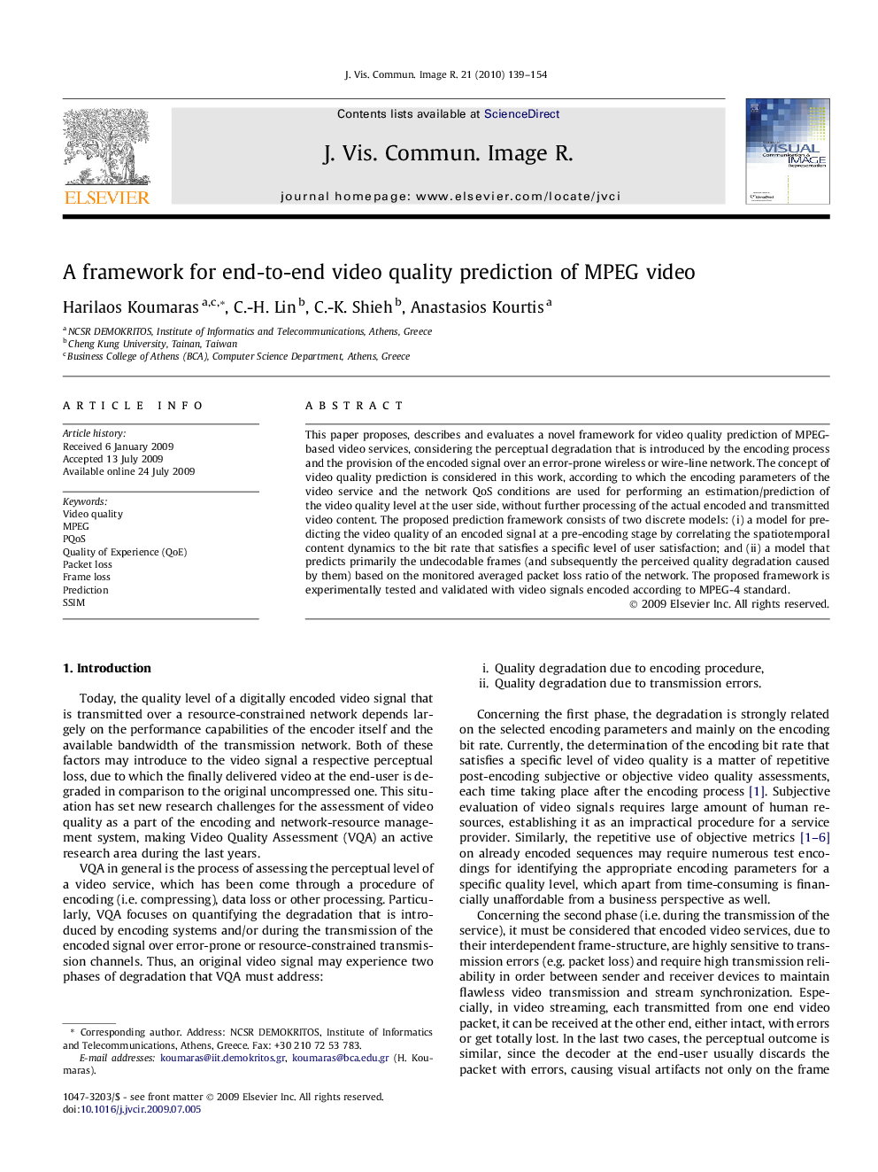 A framework for end-to-end video quality prediction of MPEG video