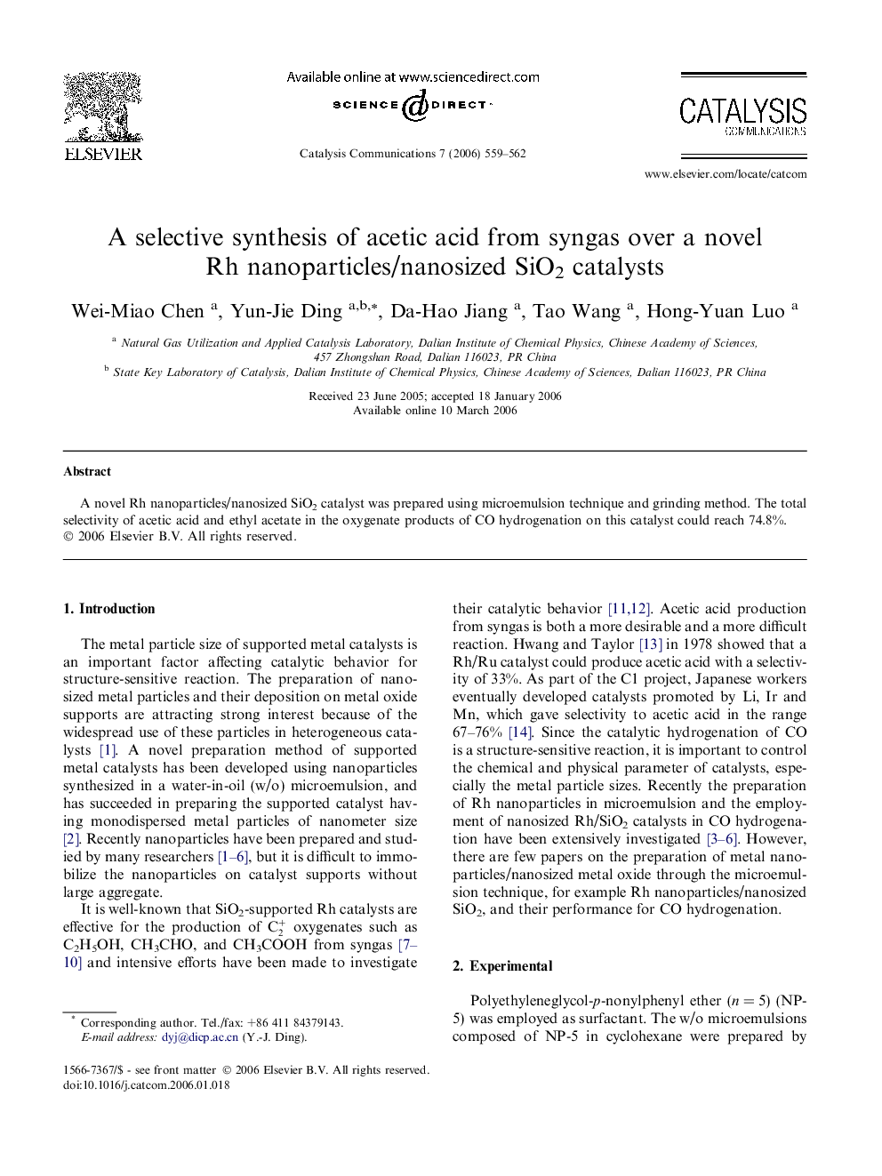 A selective synthesis of acetic acid from syngas over a novel Rh nanoparticles/nanosized SiO2 catalysts