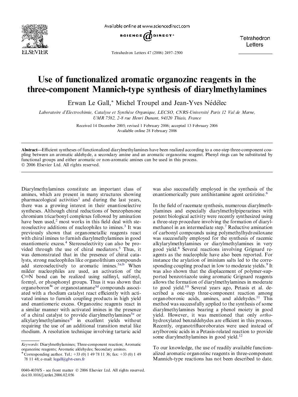 Use of functionalized aromatic organozinc reagents in the three-component Mannich-type synthesis of diarylmethylamines