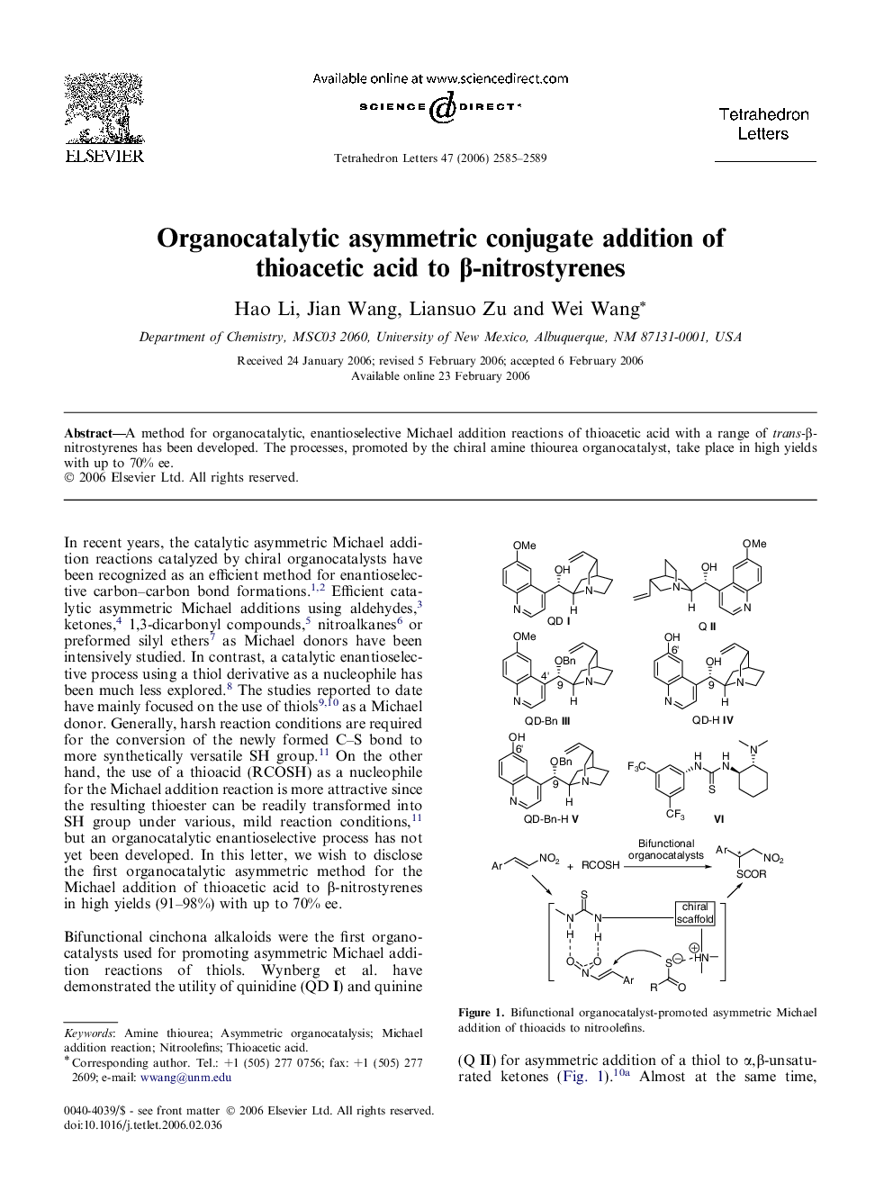 Organocatalytic asymmetric conjugate addition of thioacetic acid to Î²-nitrostyrenes