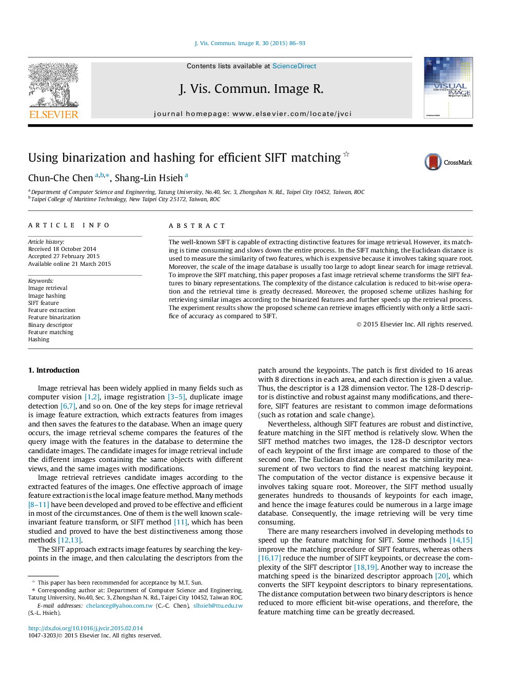 Using binarization and hashing for efficient SIFT matching 