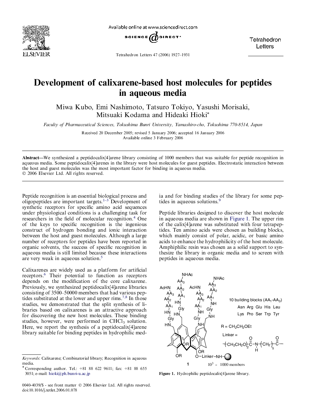 Development of calixarene-based host molecules for peptides in aqueous media