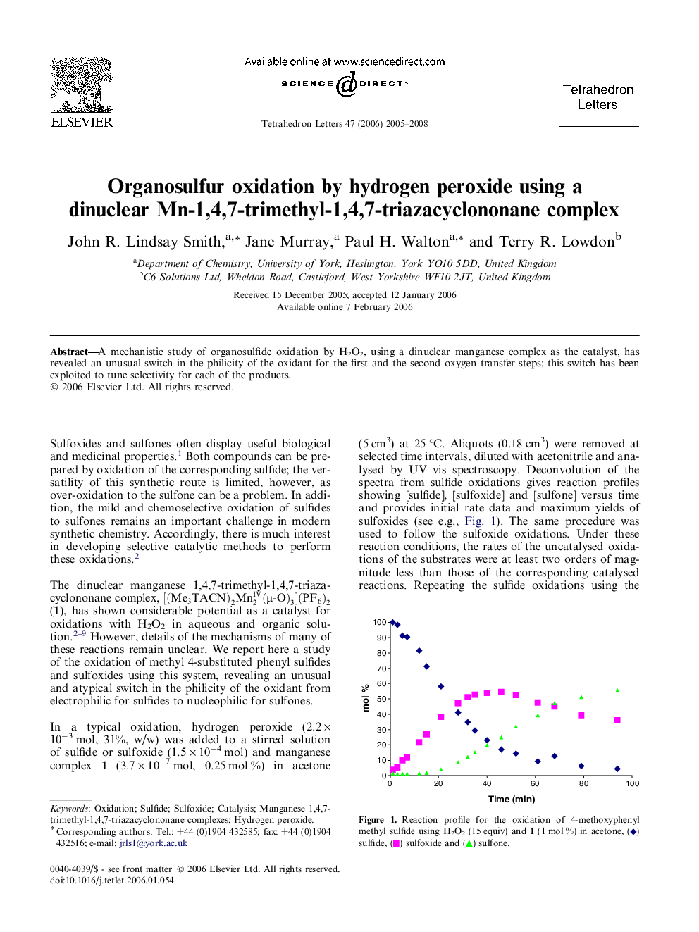 Organosulfur oxidation by hydrogen peroxide using a dinuclear Mn-1,4,7-trimethyl-1,4,7-triazacyclononane complex