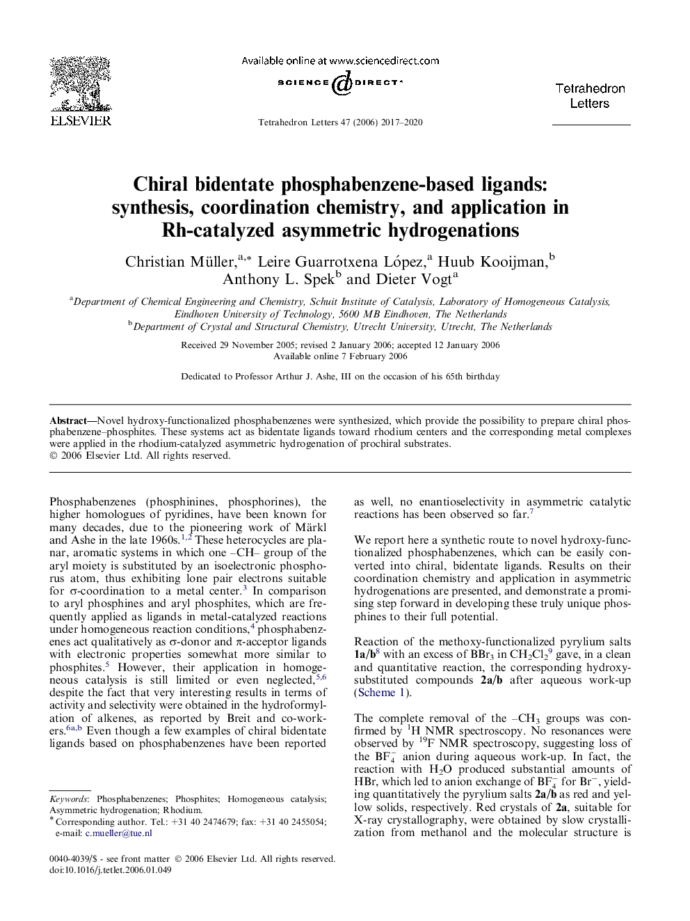 Chiral bidentate phosphabenzene-based ligands: synthesis, coordination chemistry, and application in Rh-catalyzed asymmetric hydrogenations