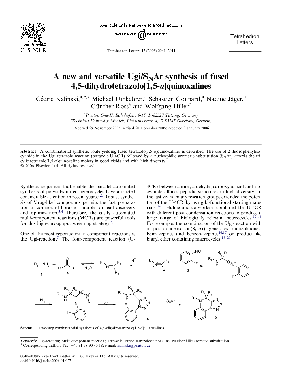A new and versatile Ugi/SNAr synthesis of fused 4,5-dihydrotetrazolo[1,5-a]quinoxalines
