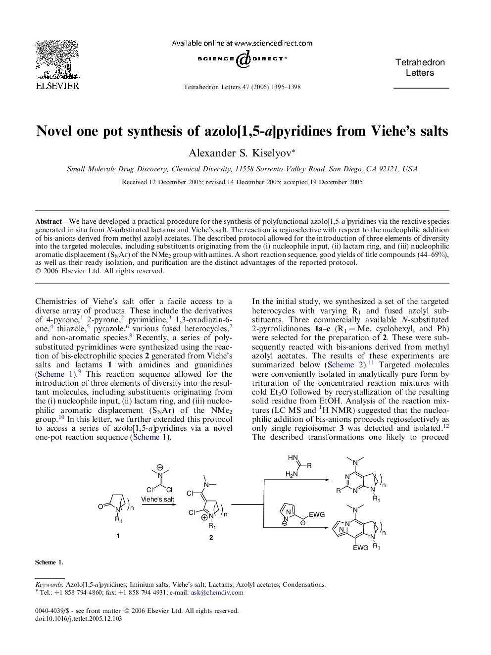 Novel one pot synthesis of azolo[1,5-a]pyridines from Viehe's salts