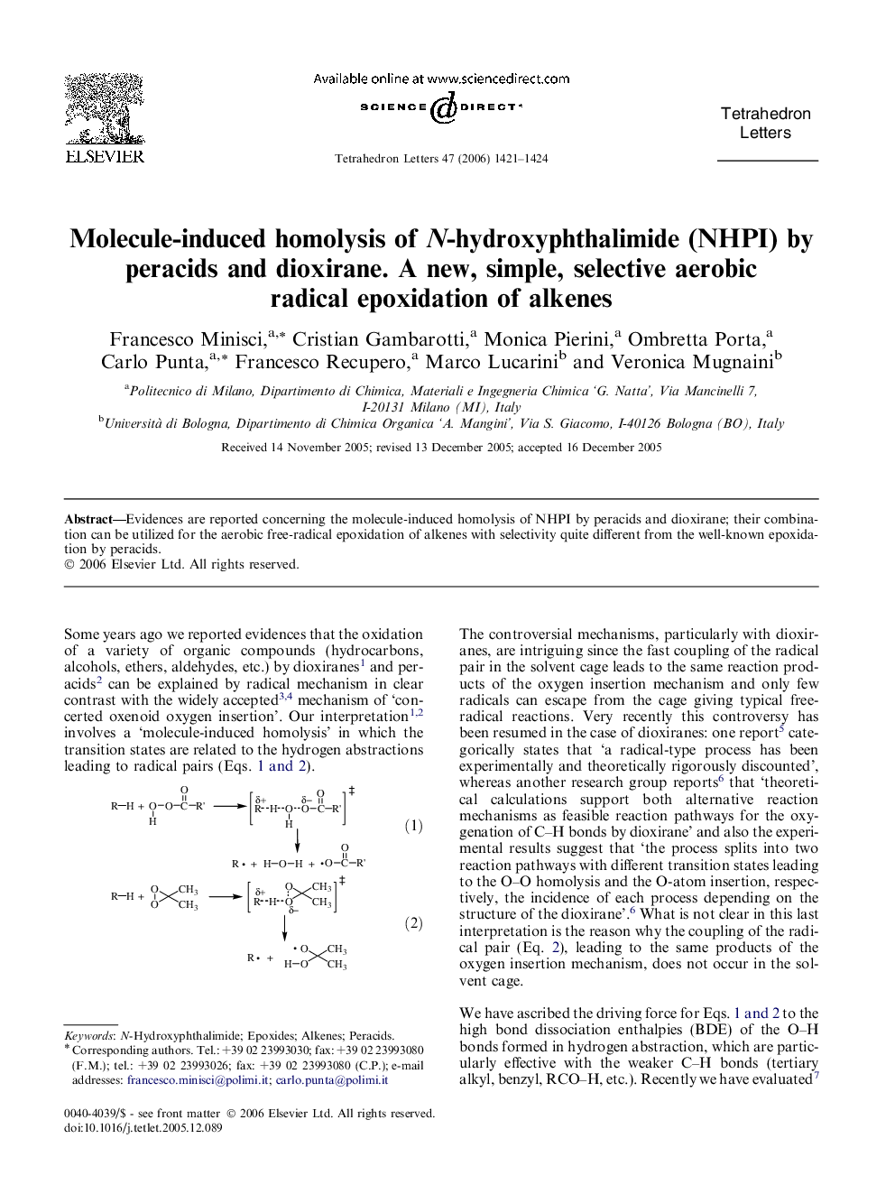 Molecule-induced homolysis of N-hydroxyphthalimide (NHPI) by peracids and dioxirane. A new, simple, selective aerobic radical epoxidation of alkenes