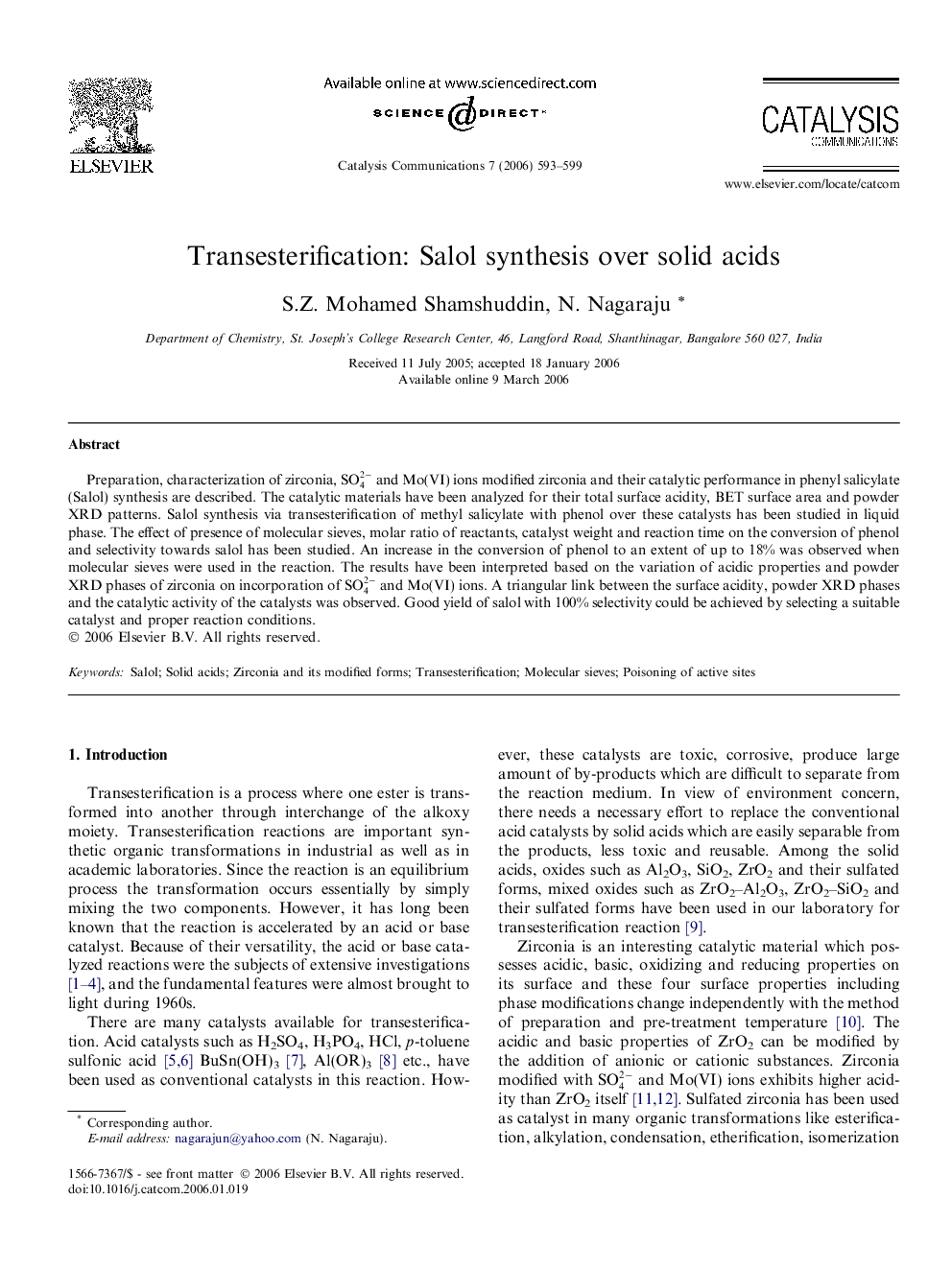 Transesterification: Salol synthesis over solid acids