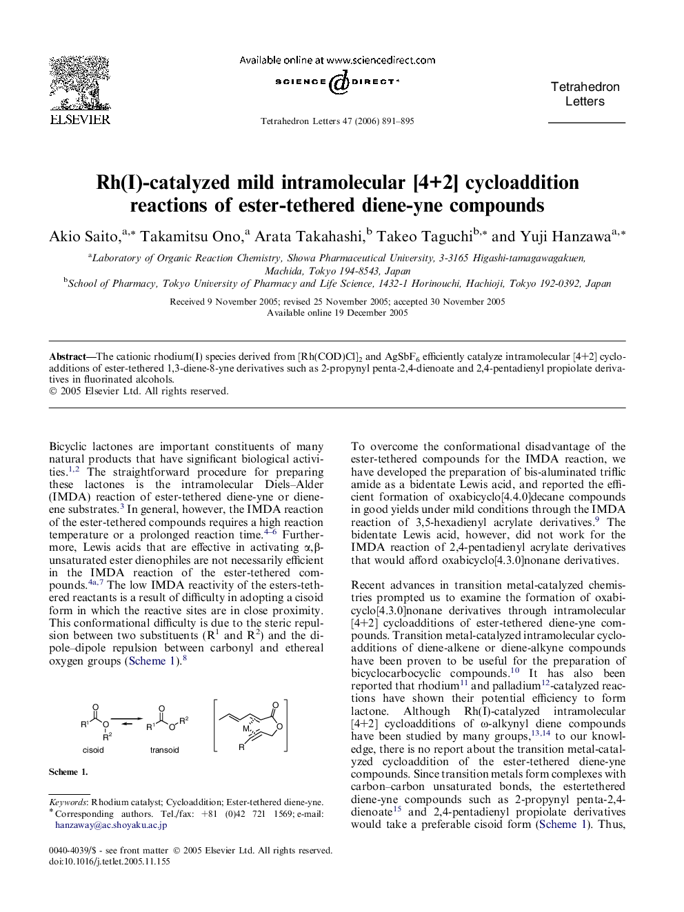 Rh(I)-catalyzed mild intramolecular [4+2] cycloaddition reactions of ester-tethered diene-yne compounds