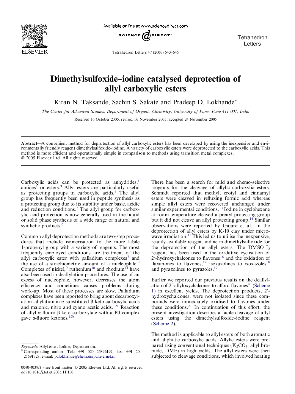 Dimethylsulfoxide-iodine catalysed deprotection of allyl carboxylic esters