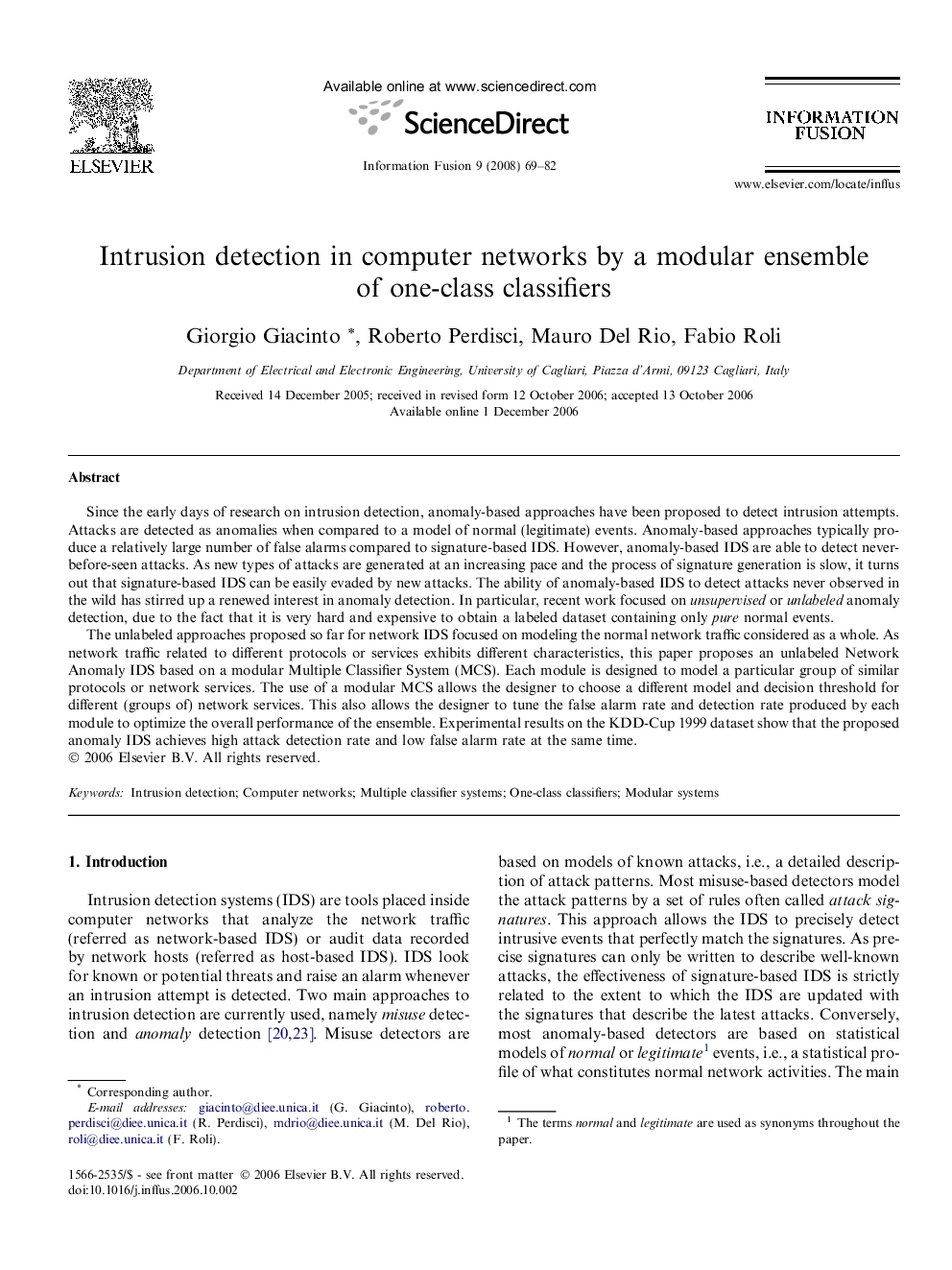 Intrusion detection in computer networks by a modular ensemble of one-class classifiers