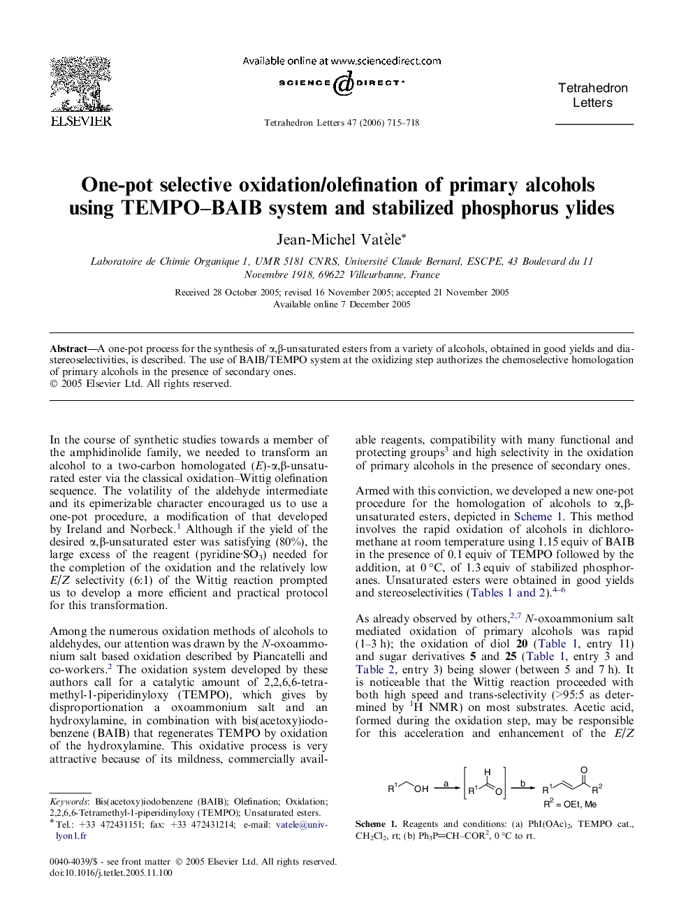 One-pot selective oxidation/olefination of primary alcohols using TEMPO-BAIB system and stabilized phosphorus ylides