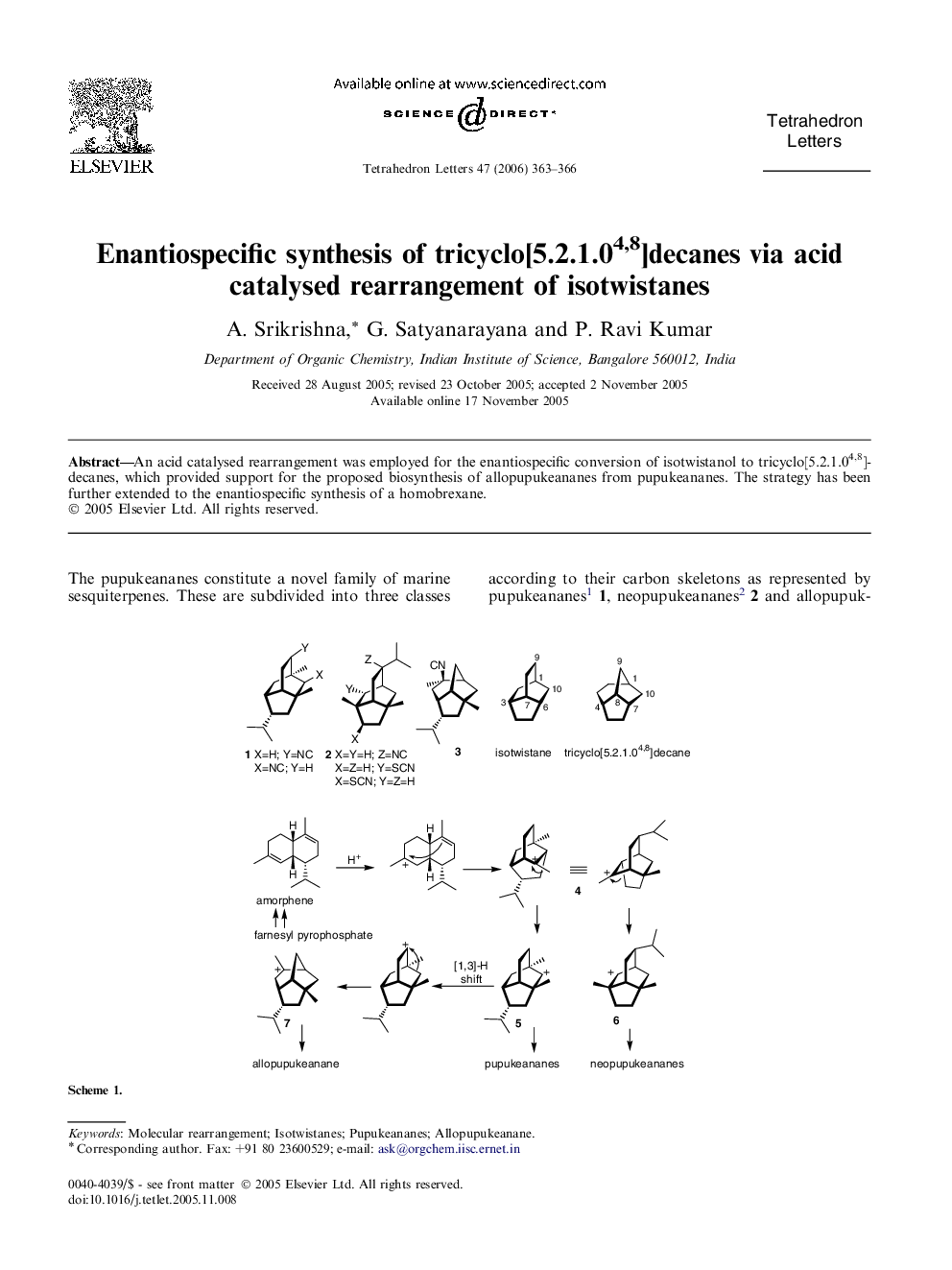 Enantiospecific synthesis of tricyclo[5.2.1.04,8]decanes via acid catalysed rearrangement of isotwistanes