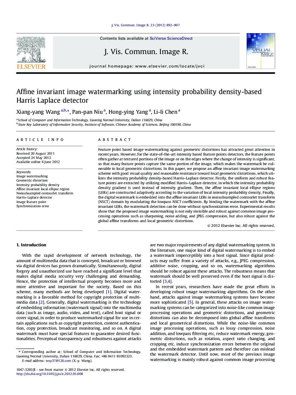 Affine invariant image watermarking using intensity probability density-based Harris Laplace detector