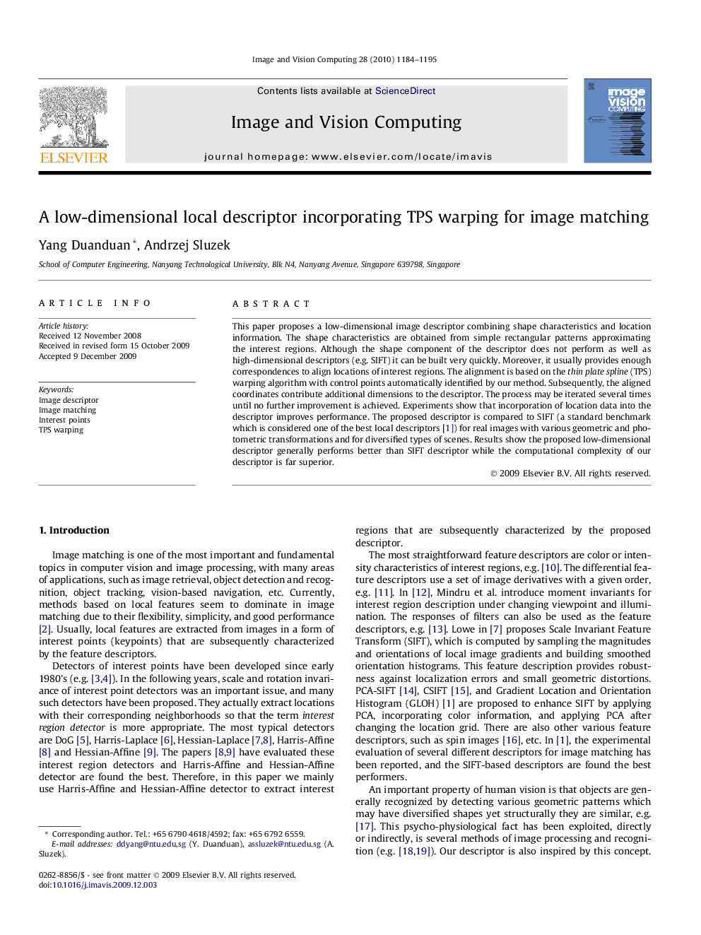 A low-dimensional local descriptor incorporating TPS warping for image matching